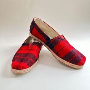 TOMS Red Plaid Felt on Leather Alpargata Shoes Slip Ons Flats Womens Size 8.5‎